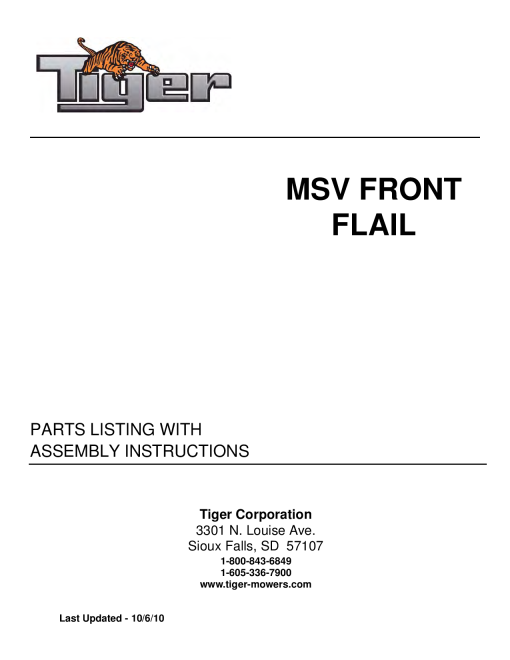 Tiger MSV FRONT FLAIL Mower Operation and Parts Manual PDF Download