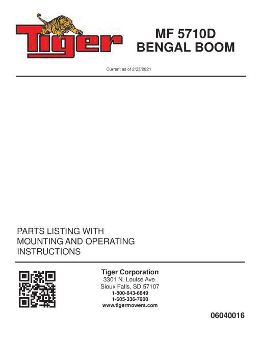 Tiger Massey Ferguson MF 5710 11D BENGAL BOOM Operation and Parts Manual PDF Download