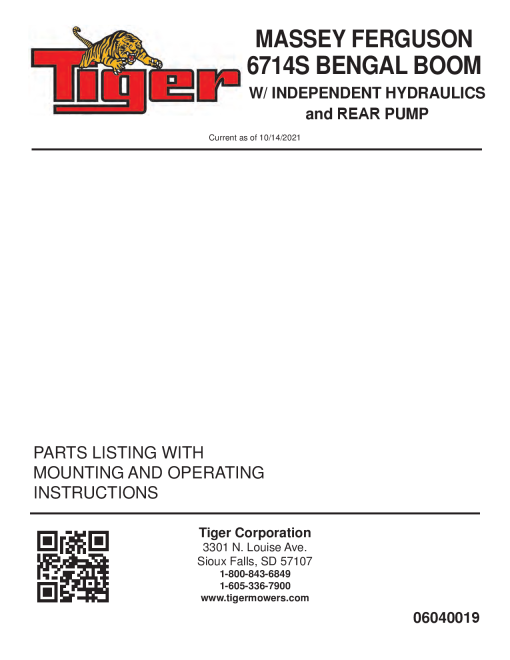 Tiger Massey Ferguson MF 6714S BENGAL BOOM with Independent Hydraulics and REAR PUMP Operation and Parts Manual PDF Download