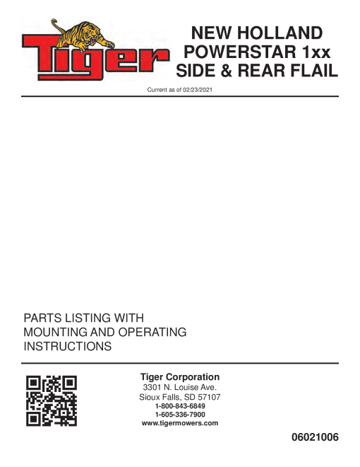 Tiger New Holland NH POWERSTAR 1xx SIDE REAR FLAIL Operation and Parts Manual PDF Download