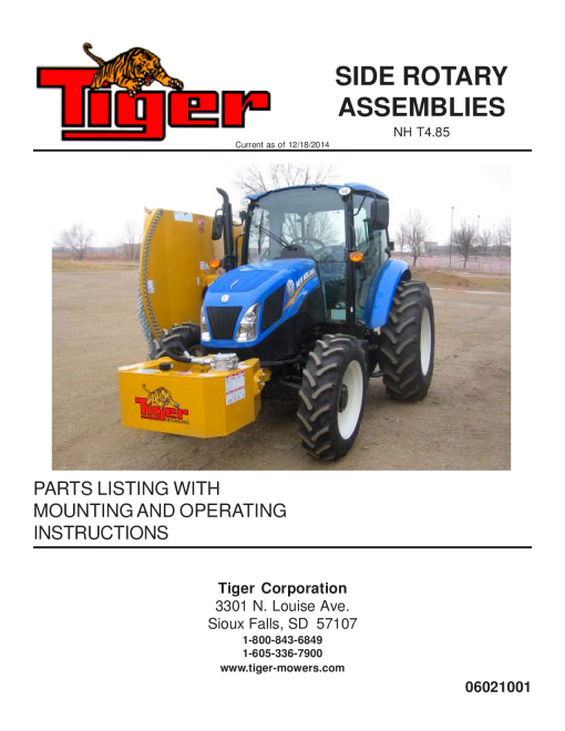 Tiger New Holland NH T4.85 SIDE ROTARY Mower Operation and Parts Manual PDF Download