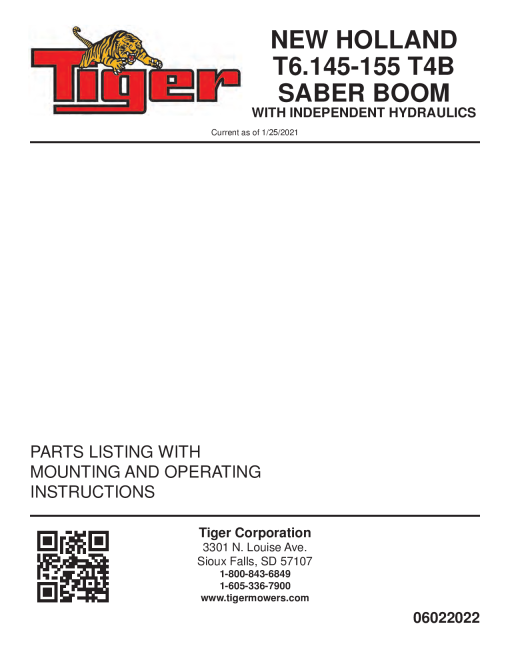 Tiger New Holland NH T6.145 T6.155 T4B SABER with INDEPENDENT HYDRAULICS Operation and Parts Manual PDF Download