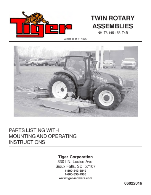 Tiger New Holland NH T6.145 T6.155 T4B TWIN ROTARY Operation and Parts Manual PDF Download