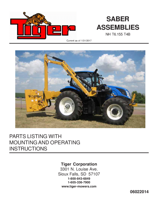 Tiger New Holland NH T6.155 T4B SABER Mower Operation and Parts Manual PDF Download
