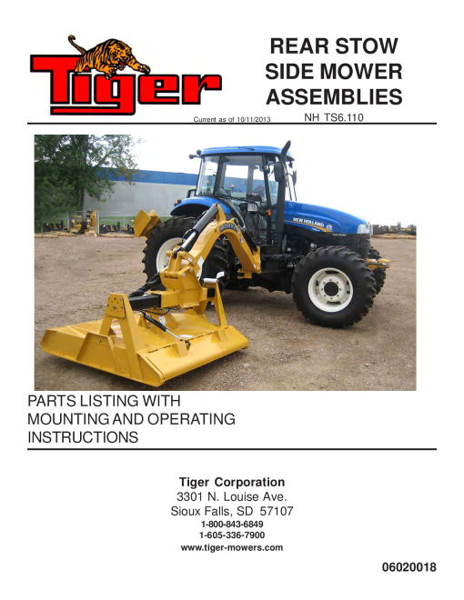 Tiger New Holland TS6.110 REAR STOW SIDE Mower Operation and Parts Manual PDF Download