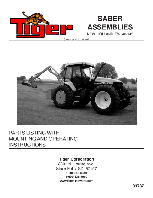 Tiger New Holland TV-140-145 SABER 33737 Mower Operation and Parts Manual PDF Download
