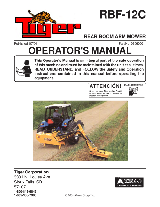 Tiger RBF-12C Rear Boom Arm Mower Operation Manual PDF Download
