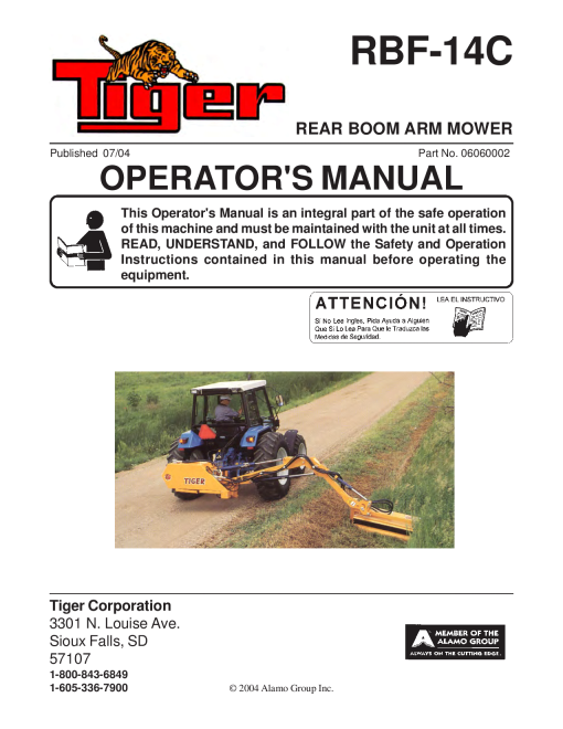 Tiger RBF-14C Rear Boom Arm Mower Operation Manual PDF Download