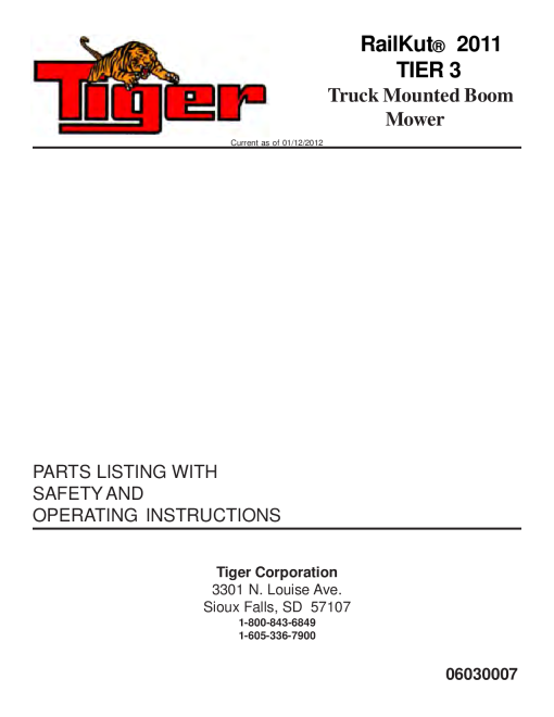 Tiger RailKut 4WD 2011 Tier 3 Truck Mounted Boom Mower 06030007 Operation and Parts Manual PDF Download