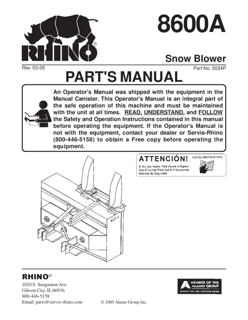 Tiger Rhino 8600A Snowblower 5034 Parts Manual PDF Download