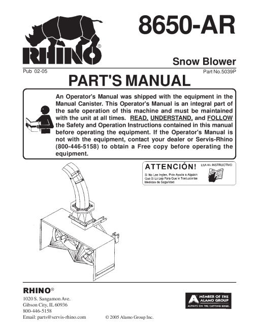 Tiger Rhino 8650-AR Snowblower 5039P Parts Manual PDF Download