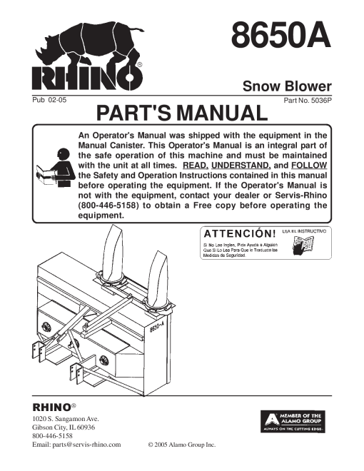 Tiger Rhino 8650A Snowblower 5036P Parts Manual PDF Download