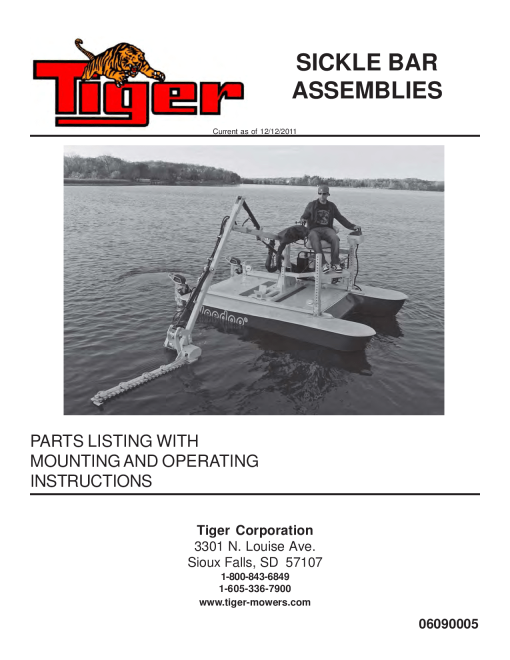 Tiger SICKLE BAR MOWER 06090005 Mower Operation and Parts Manual PDF Download