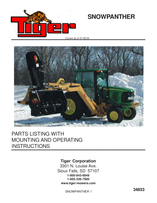 Tiger SNOW PANTHER 34853 Mower Operation and Parts Manual PDF Download