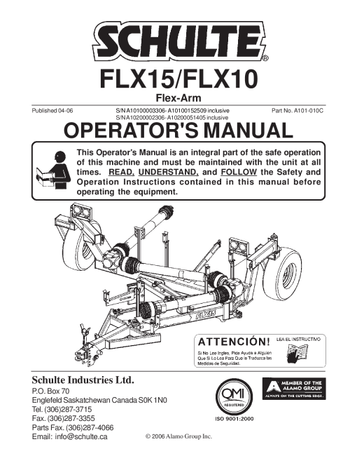 Tiger Schulte Flex Arm FLX15 FLX10 Mower Operation Manual PDF Download