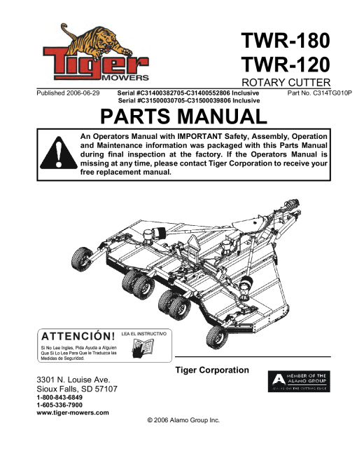 Tiger TrailKat TWR 120 TWR 180 Rotary Cutter Parts Manual PDF Download