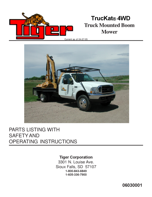 Tiger Truckat 4WD 06030001 Truck Mounted Boom Mower 06030006 Operation and Parts Manual PDF Download