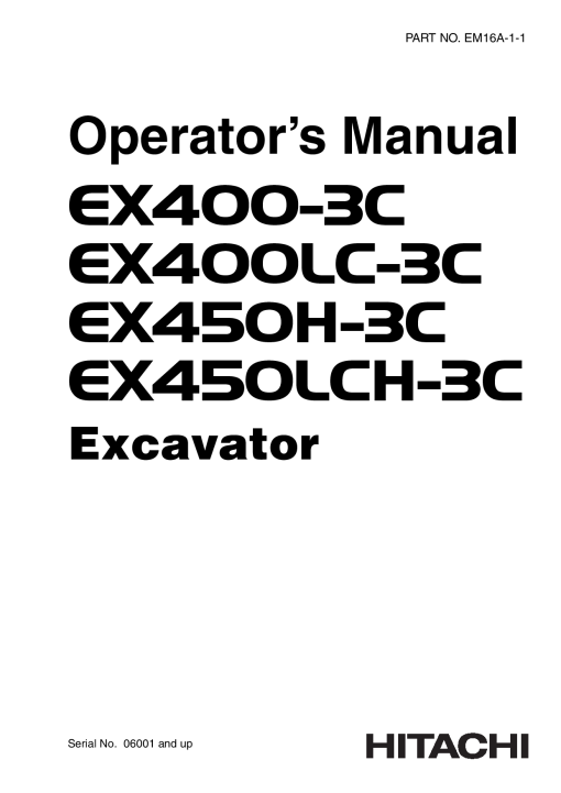 Hitachi EX400-3C EX400LC-3C EX450H-3C EX45oLCH-3C Excavator Serial 06001-up Operation Maintenance Manual PDF Download