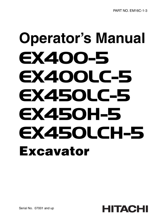 Hitachi EX400-5 EX400LC-5 EX450LC-5 EX450H-5 EX450LCH-5 Excavator Serial 007001-up Operation Maintenance Manual PDF Download