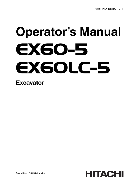 Hitachi EX60-5 EX60LC-5 Excavator 051514-up Operation Maintenance Manual PDF Download