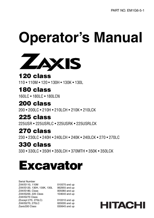 Hitachi ZAXIS 225 Class 225USR 225USRLC 225USRK 225USRLCK Excavator Operation Maintenance Manual PDF Download