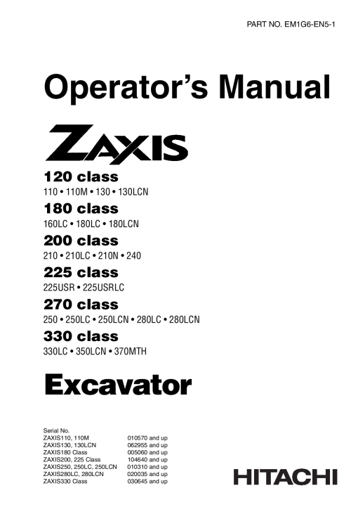 Hitachi ZAXIS 225 class 225USR 225USRLC Excavator Operation Maintenance Manual PDF Download