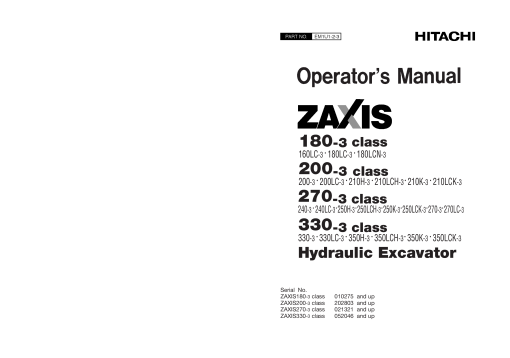 Hitachi ZAXIS 330-3 class 330-3 330LC-3 350H-3 350LCH-3 350K-3 350LCK-3 Hydraulic Excavator Serial 052046-up EM1U123 Operation Maintenance Manual PDF Download