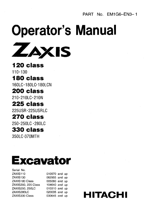 Hitachi ZAXIS120 Class ZAXIS110 ZAXIS130 Hydraulic Excavator Serrial 010570-062955-up Operation Maintenance Manual PDF Download