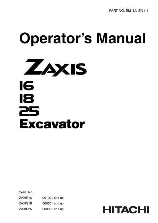 Hitachi ZAXIS16 ZAXIS18 ZAXIS25 Excavator Serial 001001-000501-up Operation Maintenance Manual PDF Download