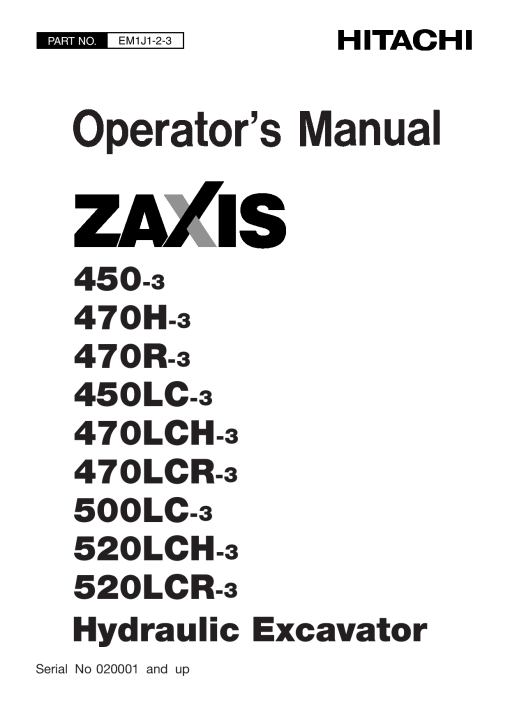 Hitachi ZAXIS500LC-3 ZAXIS520LCH-3 ZAXIS520LCR-3 Hydraulic Excavator Operation Maintenance Manual PDF Download