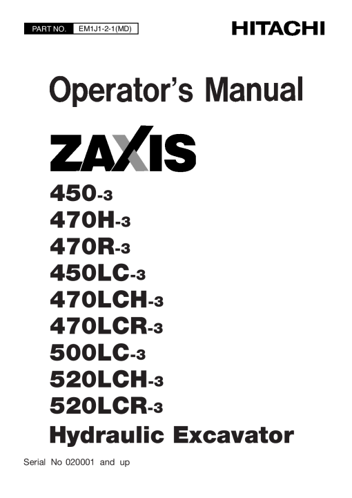 Hitachi ZAXIS500LC-3 ZAXIS520LCH-3 ZAXIS520LCR-3 Hydraulic Excavator serial 020001-up Operation Maintenance Manual PDF Download