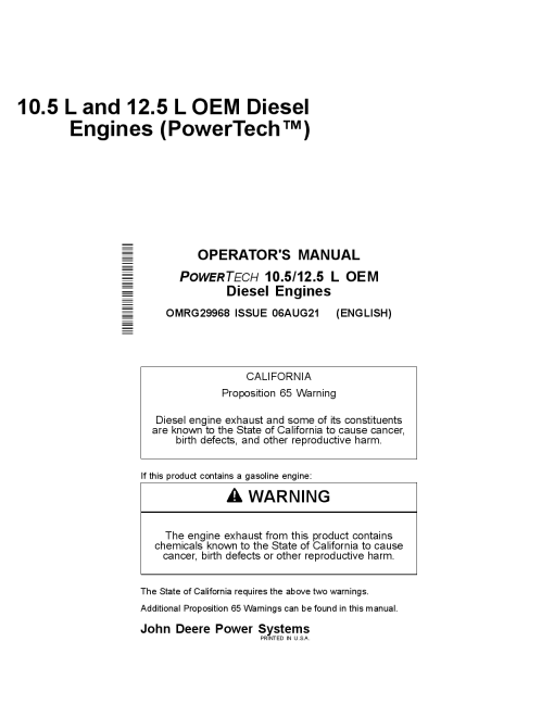 John Deere 10.5L and 12.5L OEM Diesel Engines 6105 6125HF070 PowerTech TM Operation Maintenance Manual PDF Download