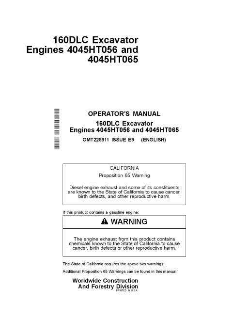 John Deere 160DLC Excavator Engines 4045HT056 and 4045HT065 OMT226911 Operation Maintenance Manual PDF Download
