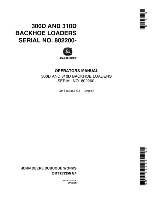 John Deere 300D 310D Backhoes Construction Serial 802200-up OMT153356 Operation Maintenance Manual PDF Download