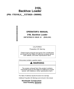 John Deere 310L Backhoe Loader Construction Serial-F273920 Operation Maintenance Manual PDF Download