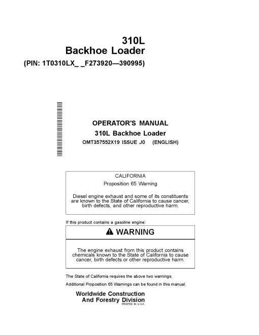 John Deere 310L Backhoe Loader Construction Serial-F273920 Operation Maintenance Manual PDF Download