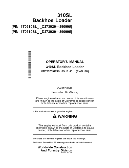 John Deere 310SL Backhoe Loader Construction Serial-C273920 D273920 Operation Maintenance Manual PDF Download