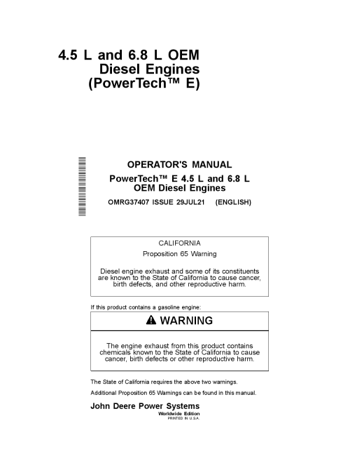 John Deere 4.5L 6.8L OEM Diesel Engine 4045HF285 6068HF285 PowerTech E Operation Maintenance Manual PDF Download