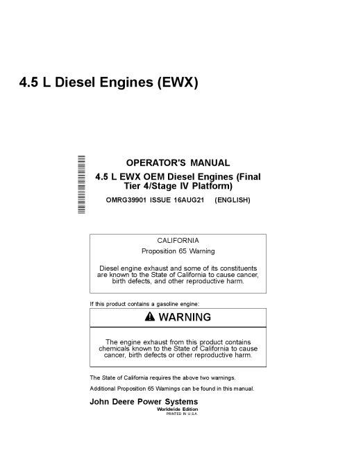 John Deere 4.5L EWX OEM Diesel Engines 4045 4045TFC03 Tier4 StageIV PowerTech Operation Maintenance Manual PDF Download