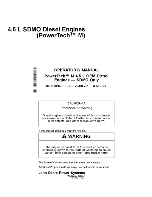 John Deere 4.5L SDMO Diesel Engines 4045 4045HF280 PowerTech Operation Maintenance Manual PDF Download