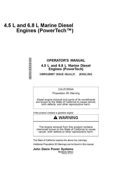 John Deere 4.5L and 6.8 L Marine Diesel Engines 4045TFM50 6068TFM50 6068SFM50 PowerTech TM Operation Maintenance Manual PDF Download