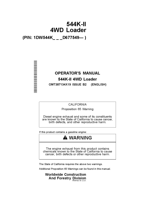 John Deere 544K SERIES II 4WD Loader Construction Serial D677549 Operation Maintenance Manual PDF Download