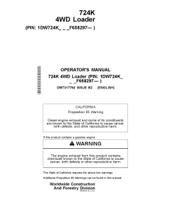John Deere 724K 4WD Loader Construction Serial F658297 Operation Maintenance Manual PDF Download