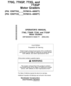 John Deere 770G 770GP 772G and 772GP Motor Grader Construction Serial F678818 OMT363020X19 Operation Maintenance Manual PDF Download