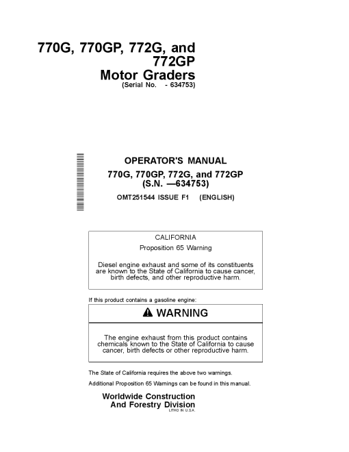 John Deere 770G 772G 770GP 772GP Motor Grader Construction Serial-634753 OMT251544 Operation Maintenance Manual PDF Download
