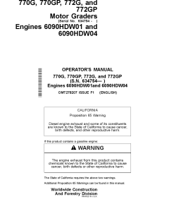 John Deere 770G 772G 770GP 772GP Motor Grader Construction Serial 634754-up Engine 6090HDW01 6090HDW04 OMT278207 Operation Maintenance Manual PDF Download