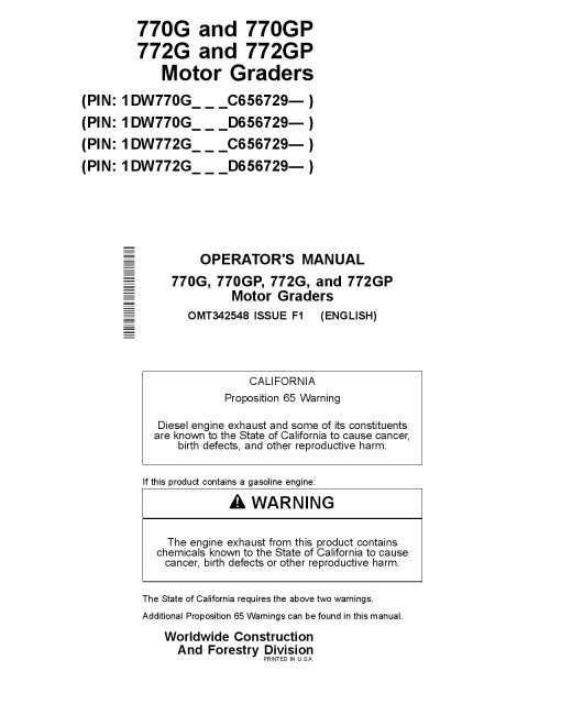John Deere 770G 772G 770GP 772GP Motor Grader Construction Serial C656729 D656729 OMT342548 Operation Maintenance Manual PDF Download