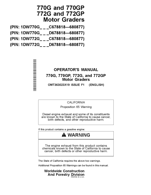 John Deere 770G 772G 770GP 772GP Motor Grader Construction Serial C678818 D678818 OMT363023X19 Operation Maintenance Manual PDF Download