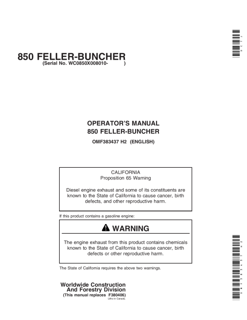 John Deere 850 Tracked Harvesters Forestry Serial 008010-up OMF383437 Operation Maintenance Manual PDF Download