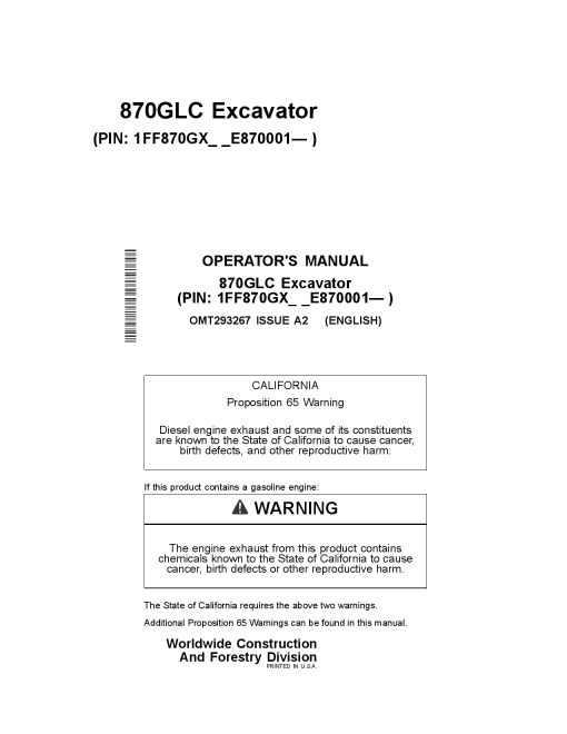John Deere 870GLC Excavator Construction OMT293267 Operation Maintenance Manual PDF Download